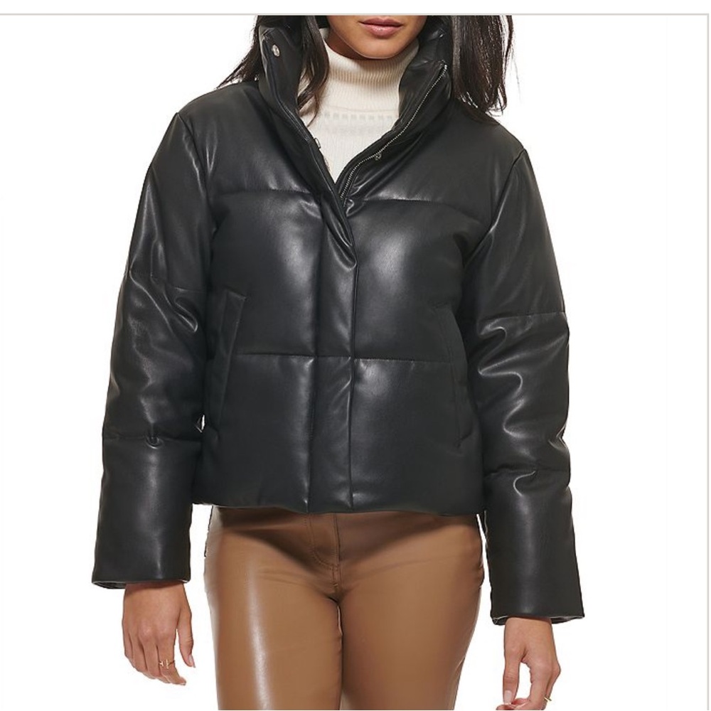 Black Leather Puffer Jacket NWOT XL